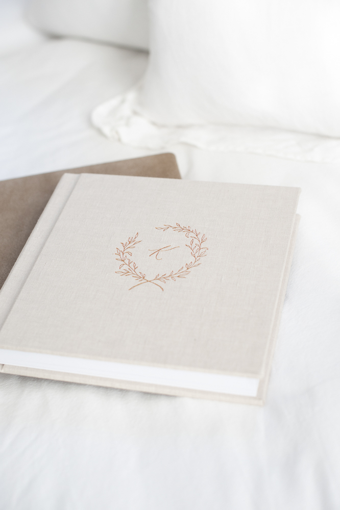 Pink linen photo album with a "K" engraved