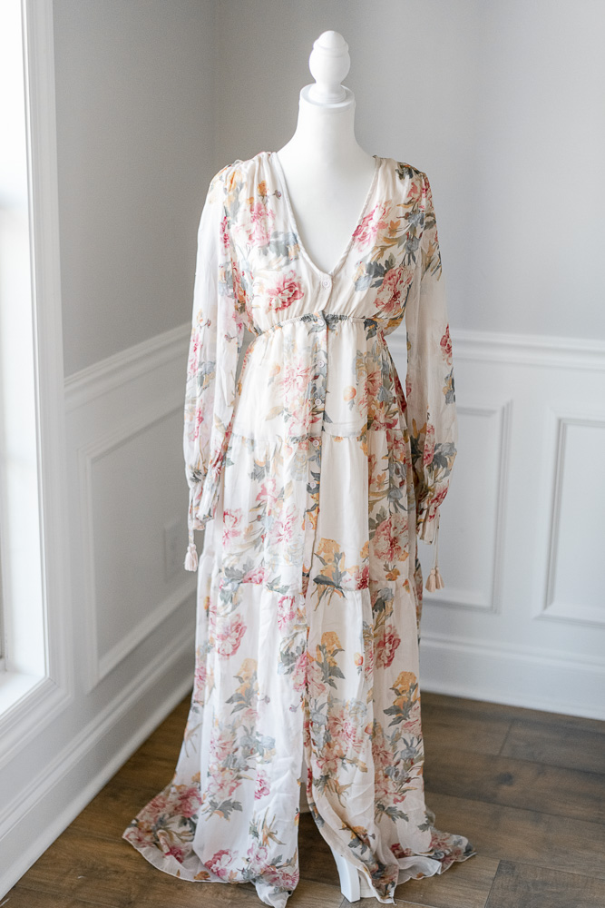 Long pink floral dress with sleeves