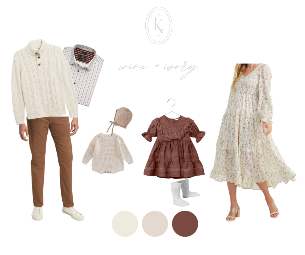 Fall family outfit style board with wine and ivory color scheme