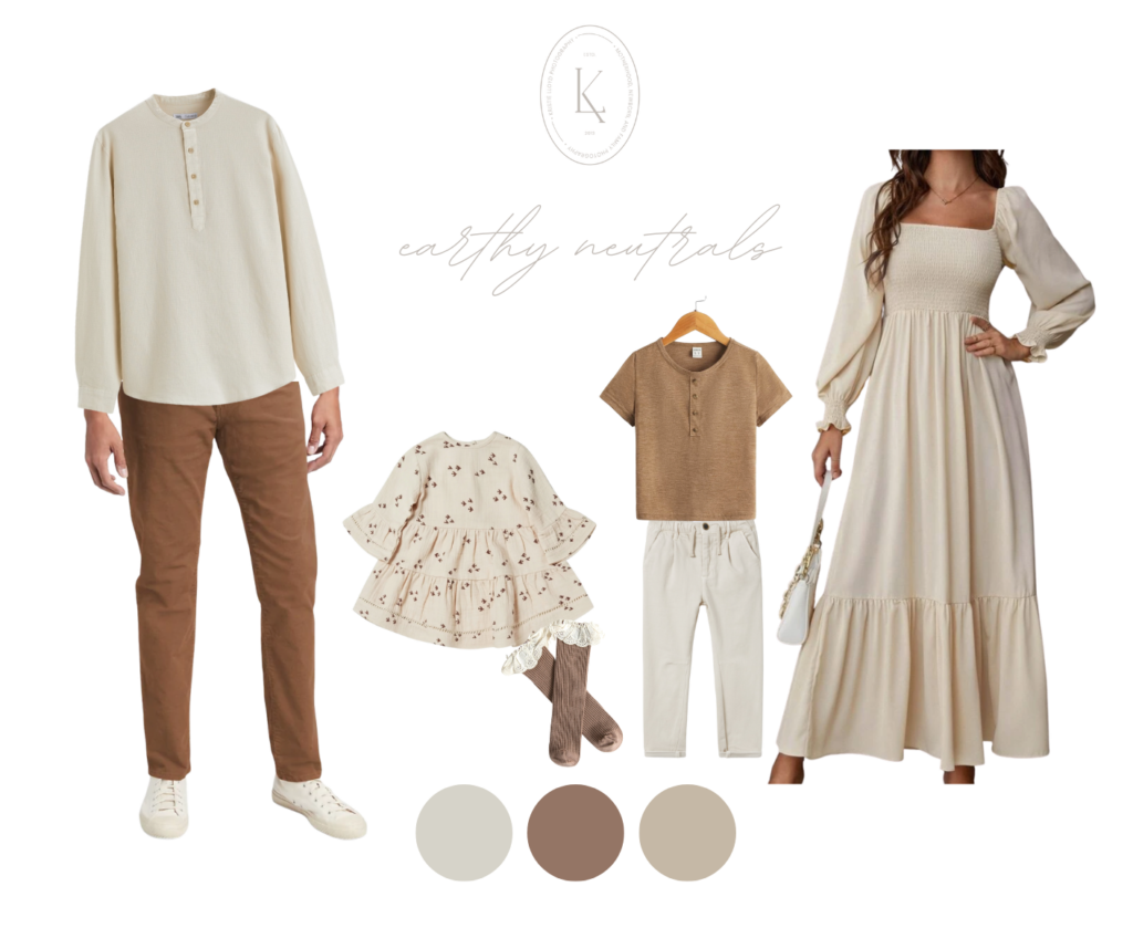 Fall family outfit style board with ivory and brown color scheme