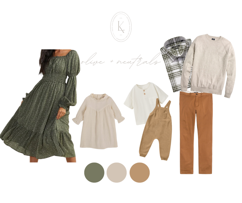 Fall family outfit style board with olive and ivory color scheme