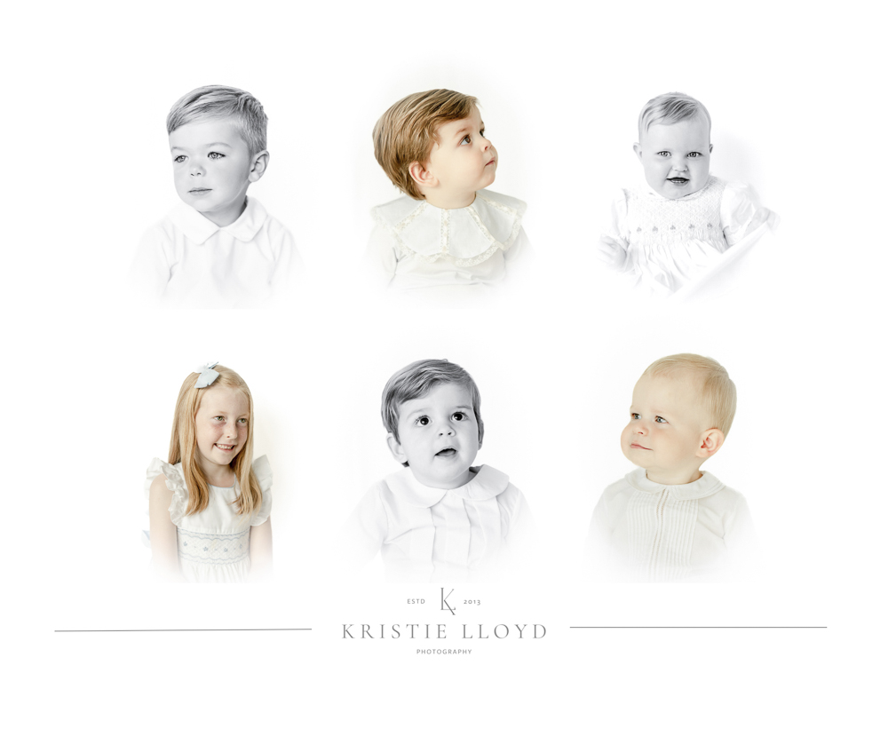 Heirloom photos of 6 children in both color and black and white