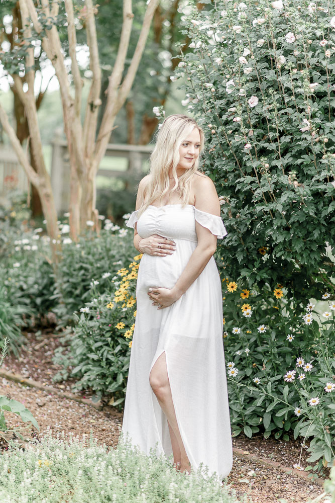 A pregnant woman holds her abdomen standing in front of flowering bushes by Franklin TN Maternity photographer Kristie Lloyd.