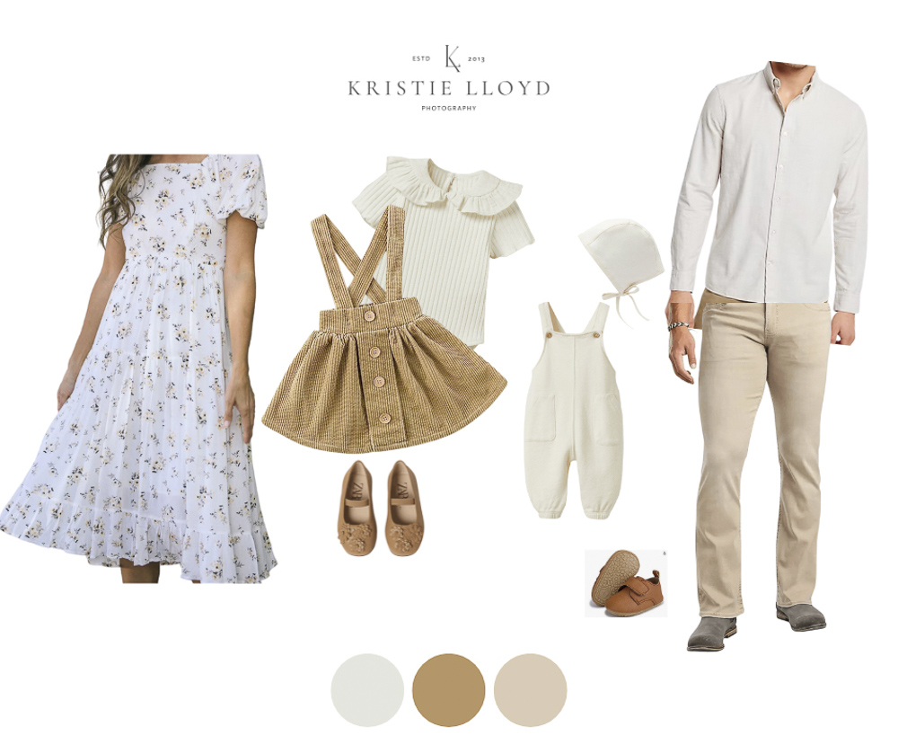 Style board for Fall family photo outfits with white and neutrals