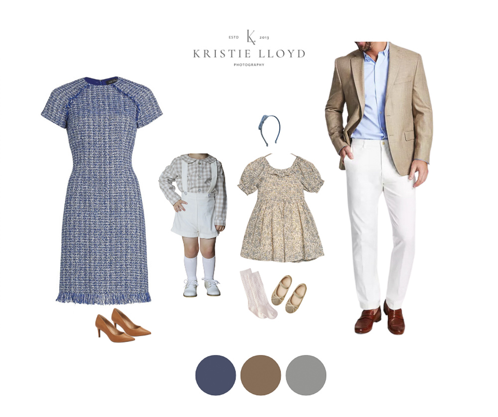 Style board for Fall family photo outfits with blues and tans