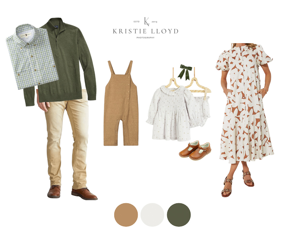 Style board for Fall family photo outfits with orange and green