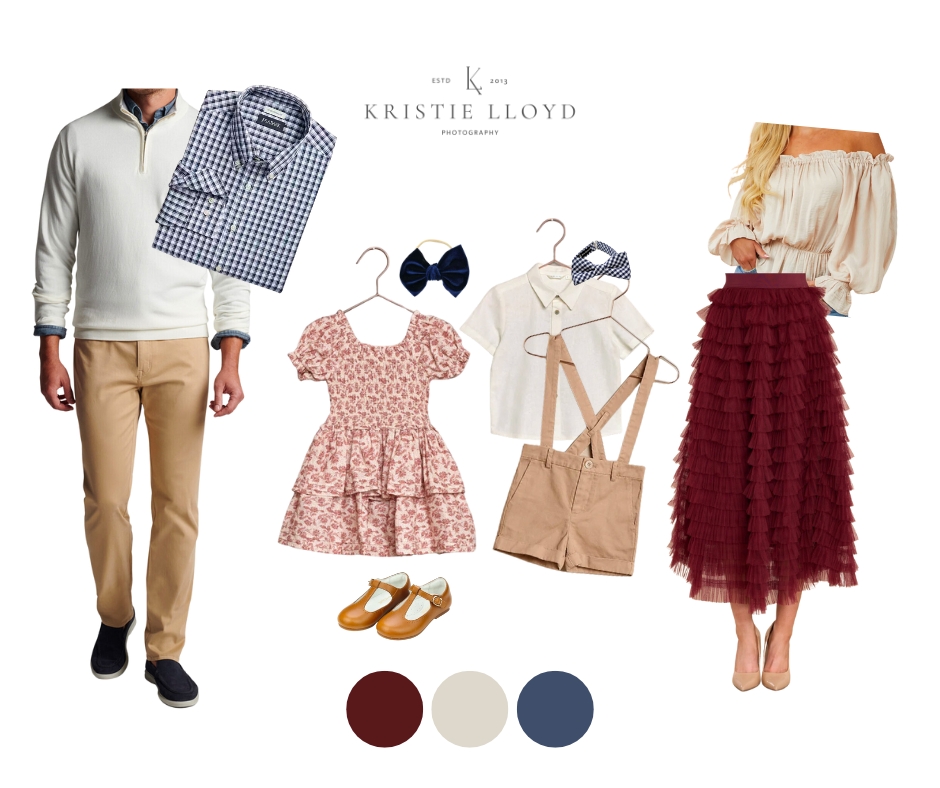 Style board for Fall family photo outfits with blue and reds