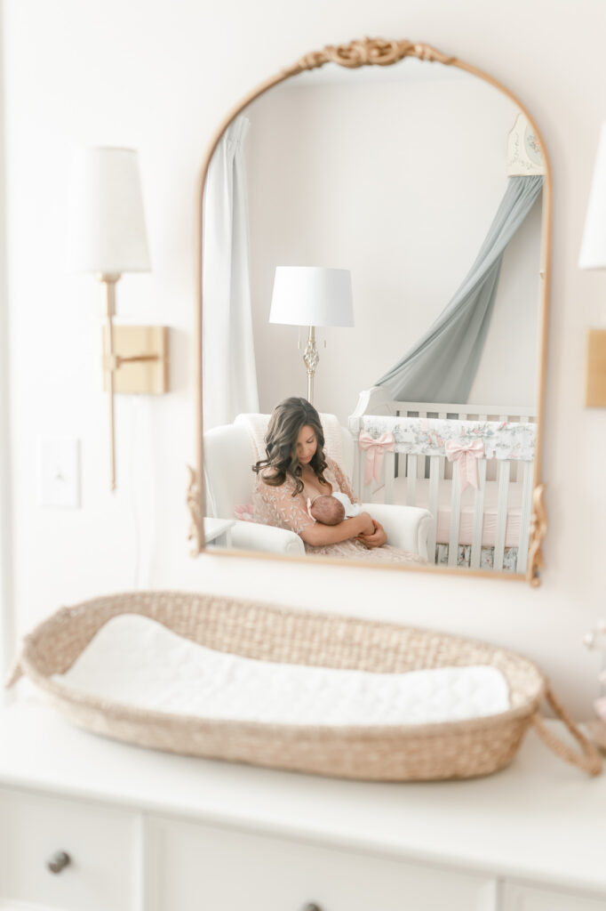 Nursery inspiration gold mirror over changing table