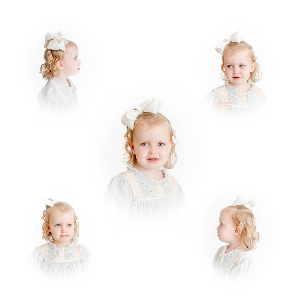 Heirloom composite of 5 vignetted images of a little girl in blue dress teaching photographers how to take heirloom portraits