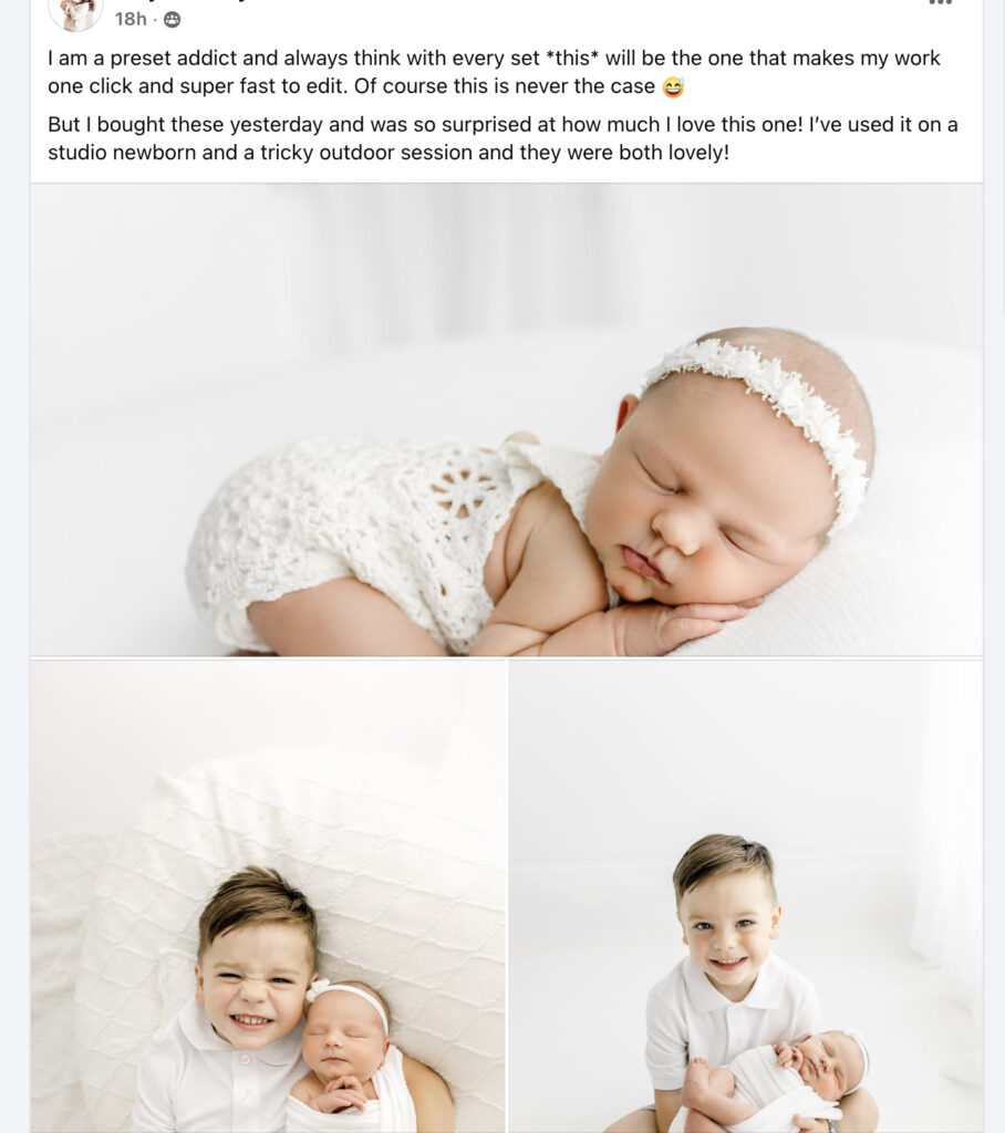 Customer review brags on Kristie Lloyd's Light and Airy Lightroom preset on a Facebook post.